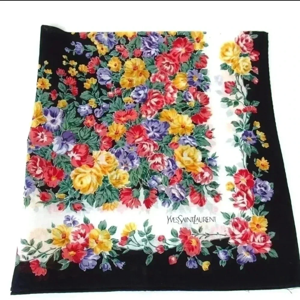 Set of 3 Yves Saint Laurent Cotton Floral Scarves 18.5" x 18.5" - Picture 8 of 9